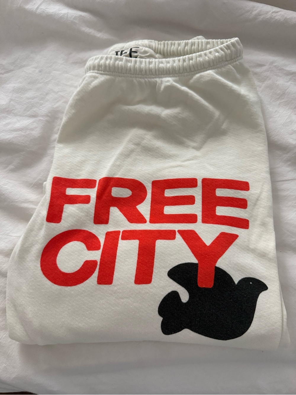 freecity Kids White Sweatpants with Red Logo and Black Dove